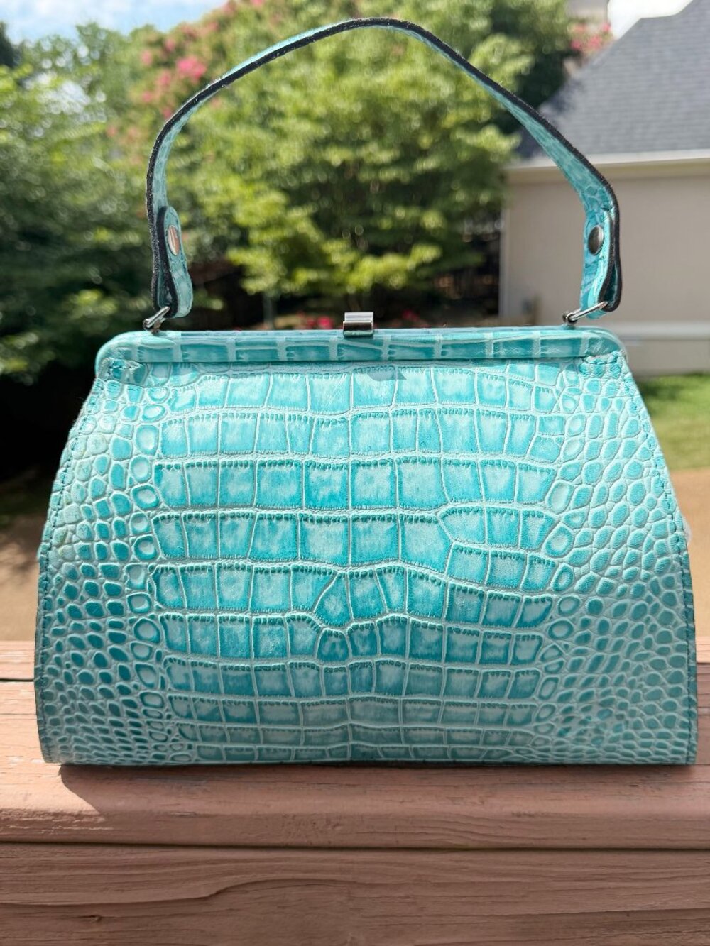 Patricia Nash Aqua Croc Leather Laureana Frame Satchel Bag